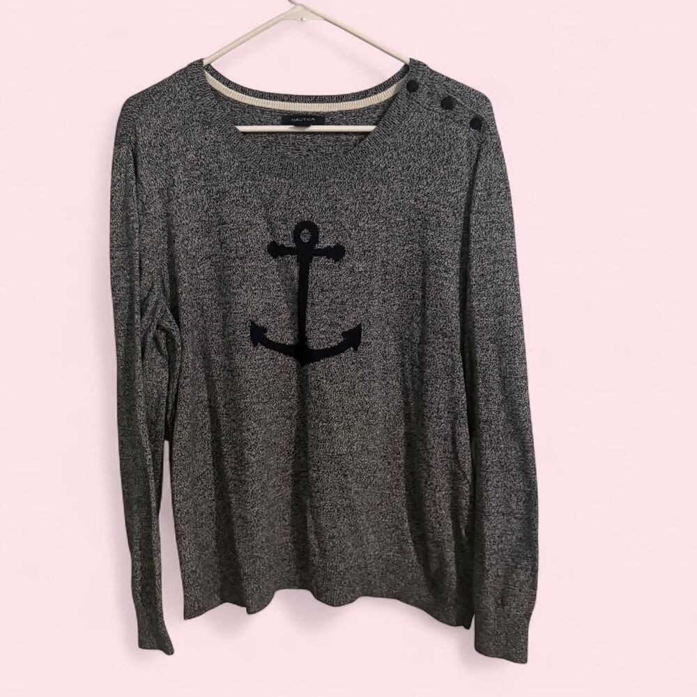 Nautica Sweater Womens XL Blue Crewneck Anchor Shoulder Button